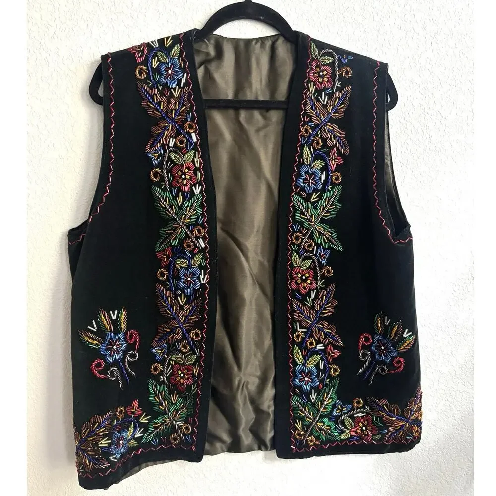 velvet vest glass bead embroidery colorful floral European folk Romanian style - Picture 6 of 10